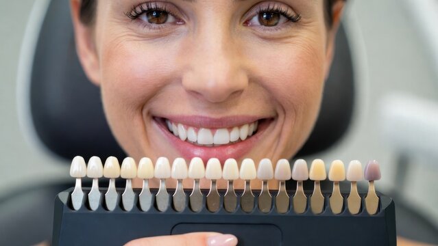 Woman matching tooth shade chart while smiling in clinic