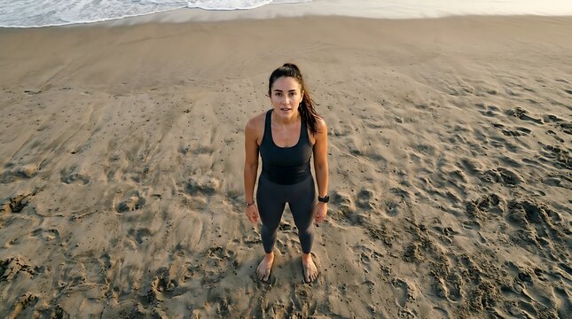 Top-Down Fitness Portrait of Female Runner on Sand