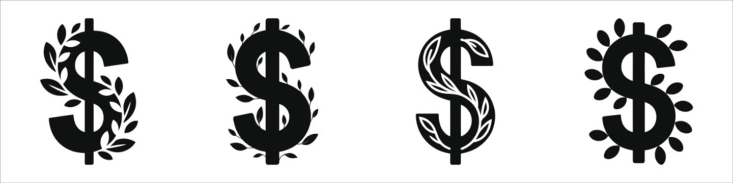 Sustainable Finance and Ethical Investment Concept Vector Silhouette, Growing Economy with Green Dollar Sign Morphing into Vine Leaves, Environmental Social Governance ESG Business Growth Icons