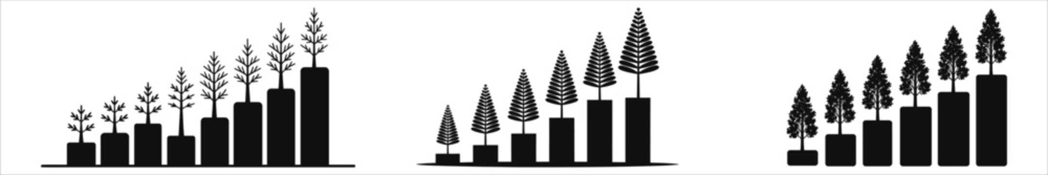 Sustainable Business Growth Concept with Graph Bars Shaped Like Growing Trees Vector Silhouette Set Representing Eco-friendly Financial Success, Green Energy Development, and ESG Progress Analytics