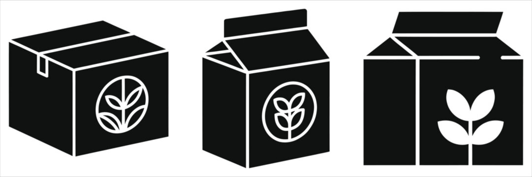 Eco Friendly Packaging Icon Set Minimalist Black and White Vector Silhouette of Sustainable Cardboard Box and Milk Carton with Leaf Badge for Organic Product Shipping Green Logistics and Zero Waste