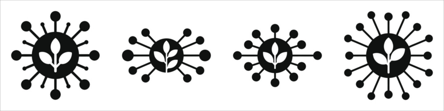 Green Technology and Artificial Intelligence Icon Set, Minimalist Eco-Friendly AI Neural Network Symbols with Plant Leaf, Future Sustainable Tech Concept Vector Silhouettes, Sustainable Innovation