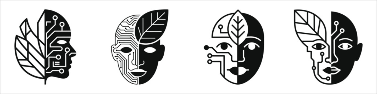 Future Green Tech Concept with AI Human Face and Leaf Icons Set, Minimalist Sustainable Artificial Intelligence Symbols, Eco-Friendly Digital Brain Network, Smart Nature Technology Vector Silhouettes