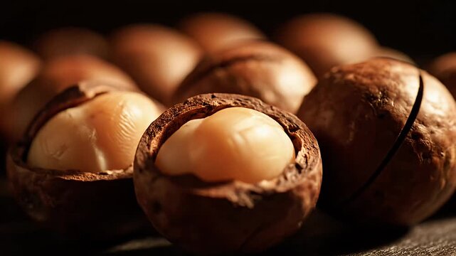 Close up of macadamia nuts showcasing natural textures and details