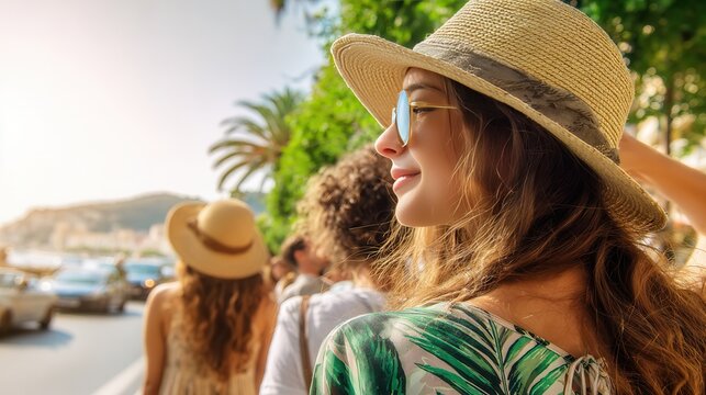 Young woman with long brown hair, straw hat, sunglasses, smiles walking outdoors on sunny day. Palm trees,, pedestrians in lively street. Warm light, vibrant green foliage. Wears green lea