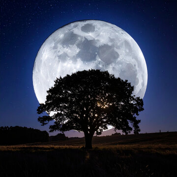 Silhouetted Tree Against Giant Full Moon at Night