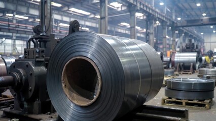 Fototapeta premium Steel coil roll on production floor inside industrial factory