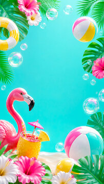 Tropical summer frame with flamingo, cocktail, beach balls, flowers and copy space.