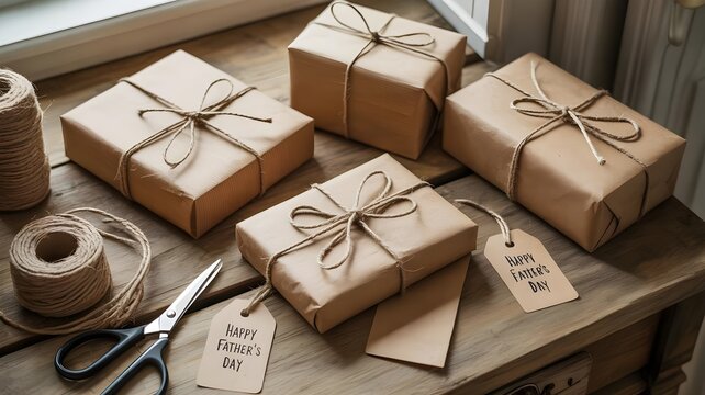 Brown paper gifts wrapped with twine bows and tags on wooden table by window with scissors and string