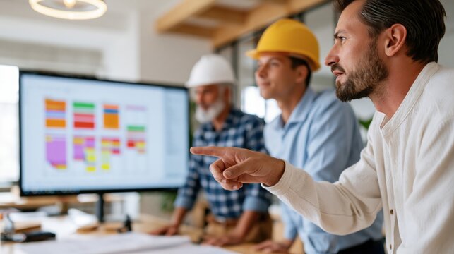 Construction project team in collaborative discussion,pointing and analyzing project plan display on large monitor screen.