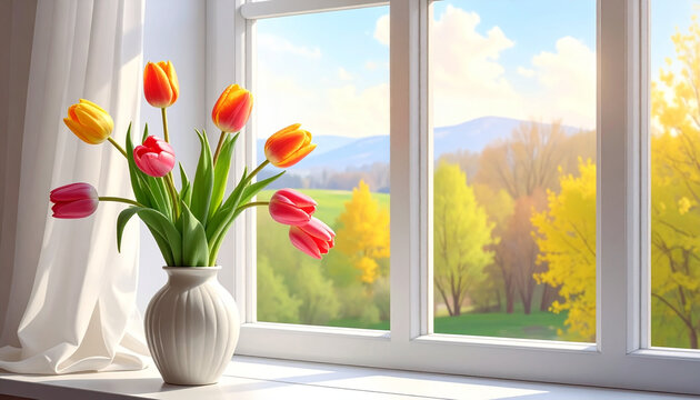 Vase of colorful tulips by sunny window with spring landscape