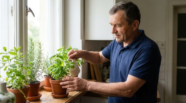 Senior man watering potted herbs on a sunlit windowsill, wearing a blue polo shirt. Bright natural light illuminates the fresh green plants.