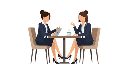 Obraz premium Businesswomen Having a Meeting in a Cafe with Tablet, Flat Vector Illustration