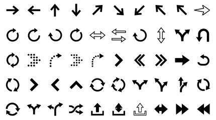 Fototapeta premium Arrows navigation icons set with black vector symbols for direction, traffic flow, and UI signage layouts