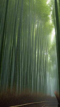 Serene bamboo forest path with glowing light filtering through dense green stalks, a tranquil journey symbolizing peace, nature, and East Asian spirituality, cinematic.