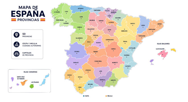 Detailed colorful political map of spain showing all provinces with their respective capitals and autonomous cities isolated for clear educational study purposes on transparent background