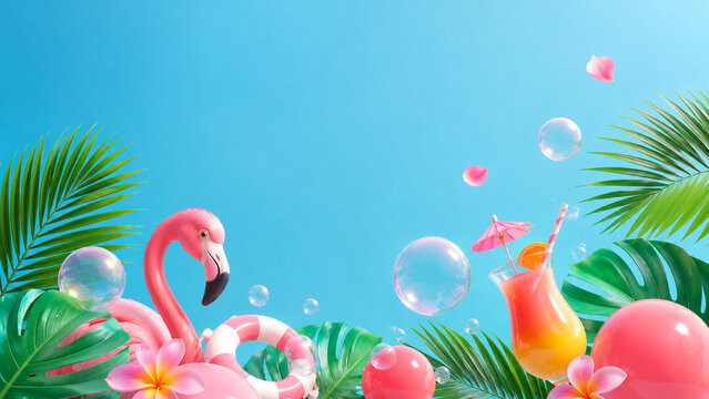 3D tropical summer frame with flamingo float, palm leaves, cocktails, bubbles, and copy space.