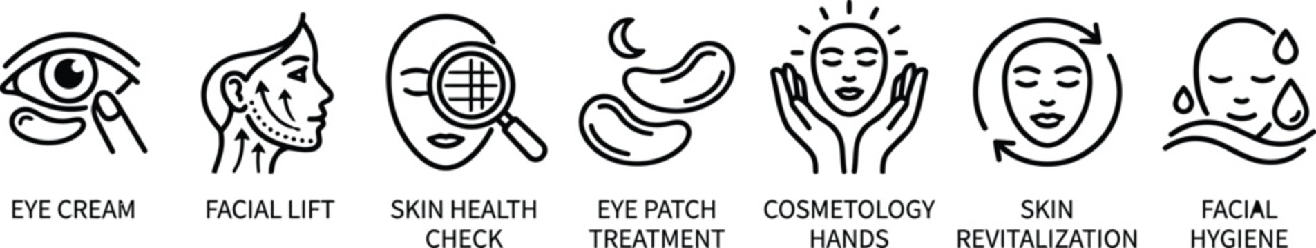 Skincare and facial treatment line icon set featuring eye cream application, face lift, skin health check, cosmetics patch, cosmetology hands massage, and hygiene wellness routine vectors.