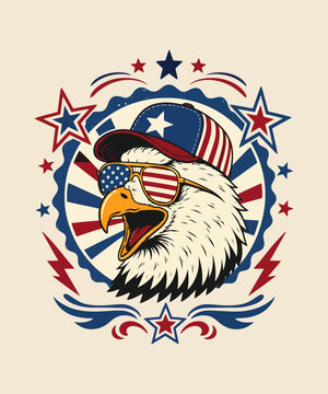 A proud patriotic American bald eagle mascot wearing stylish USA flag sunglasses and a matching baseball  vintage retro usa  patriotic t-shirt design