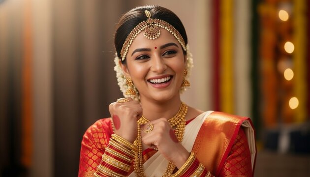 Beautiful south indian bride in traditional red saree and gold jewelry