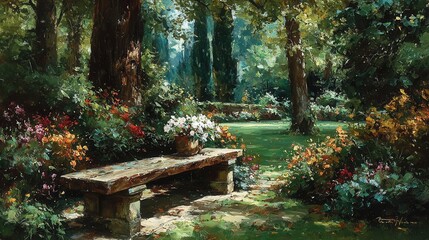Obraz premium Weathered wooden bench on stone supports in sun, flanked by red/orange/white blooms under tall trees. Sunlight filters through foliage, casting soft shadows on mossy ground & stone path. Impre