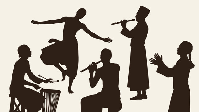 Silhouette illustration of people performing traditional african music and dance