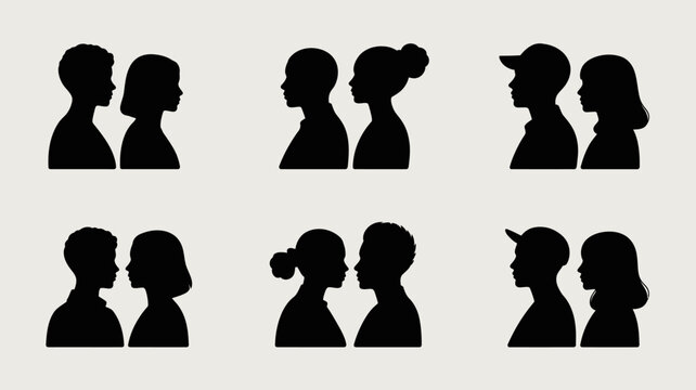 Silhouette pairs of people with different hairstyles standing side by side