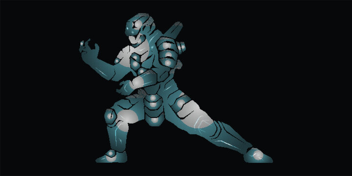 Futuristic Mecha Cyborg Gaming Asset with Robot Warrior Silhouette in Teal Digital Pixel Grid and Glitch Art Style