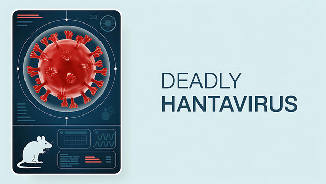 Hantavirus infection graphic illustration with red virus and white mouse on dark blue medical screen  deadly virus concept