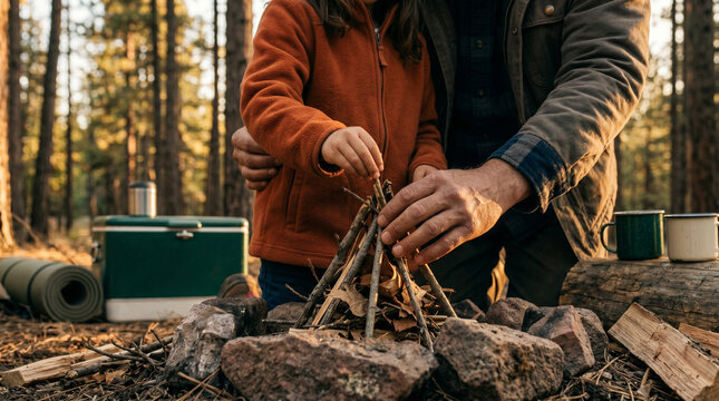 A heartwarming Father's day moment a child and father bonding over building a crackling campfire in the tranquil wilderness, celebrating family connection and outdoor skills