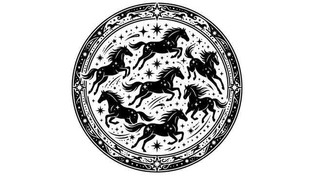 Wolf howling circle emblem with vintage black engraving style, starry night forest pattern, ornate border for tattoo and logo