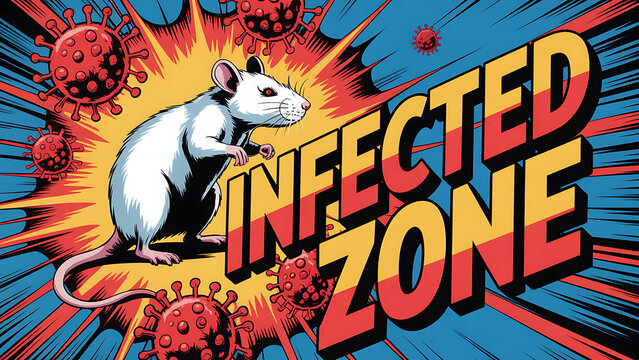 Comic style illustration of white mouse standing on hind legs in front of infected zone text surrounded by red virus particles on blue background with yellow explosion