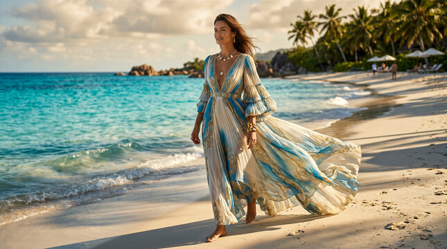 Moda veraniega de lujo en una playa tropical con est&eacute;tica editorial y estilo sofisticado.