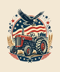 Classic red farm tractor with an American bald eagle flying proudly above a patriotic flag vintage retro usa patriotic t-shirt design