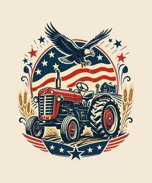 Classic red farm tractor with an American bald eagle flying proudly above a patriotic flag vintage retro usa  patriotic t-shirt design