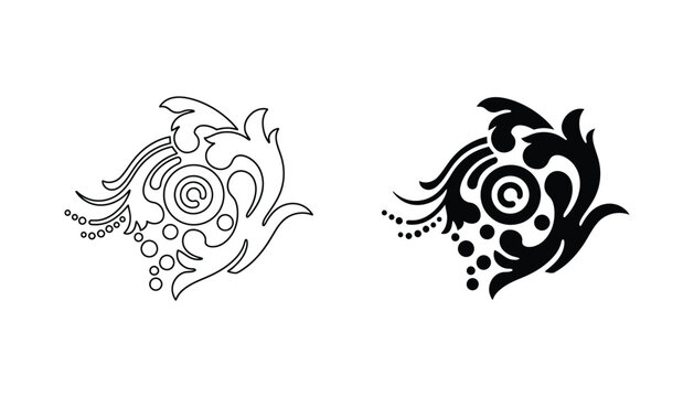 Abstract floral flourish scroll design with circles in outline and solid black styles for elegant decorative branding and ornate graphic elements