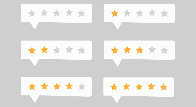 Star rating icons in speech bubbles for feedback and reviews online  various ratings shown  five and four and three and two and one and zero stars