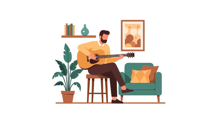 Fototapeta premium Bearded Man Playing Acoustic Guitar in Cozy Modern Living Room Interior Flat Vector Illustration