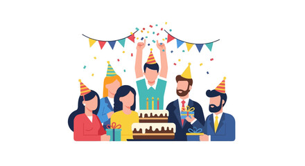 Fototapeta premium Corporate Office Birthday Party Celebration with Diverse Team, Cake, and Gifts Flat Vector Illustration