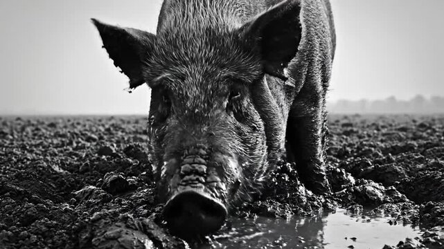 Black and white close up of a muddy pig rooting in a field looking for food in its natural environment