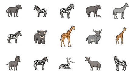 Obraz premium Collection of African Safari Animals in Cartoon Style.