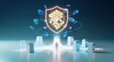 Fototapeta premium Futuristic cityscape with glowing shield and honeycomb pattern protection
