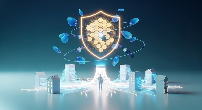 Futuristic cityscape with glowing shield and honeycomb pattern protection