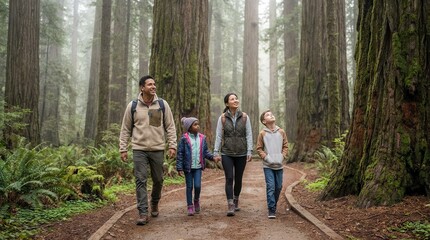 Fototapeta premium Family of four walking on a dirt path through a majestic redwood forest, looking up at the towering trees. Feeling of wonder and connection with nature.