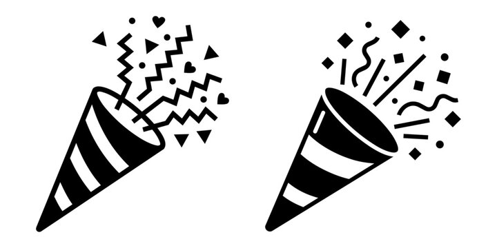 Set of party popper icons with exploding confetti for celebration new year birthday and holiday events