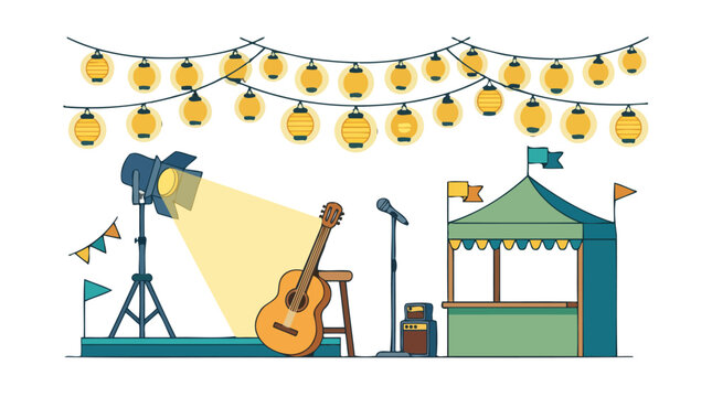 Acoustic guitar on a stool under a spotlight vector illustration for outdoor festival event music poster and concert design.