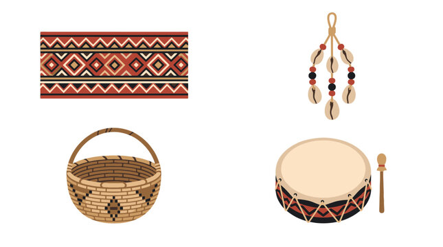 Traditional indigenous cultural artifacts vector collection with woven basket drum and textile for cultural craft and educational design.