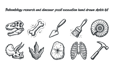 Paleontology fossil research and dinosaur excavation tools sketch collection © Billal