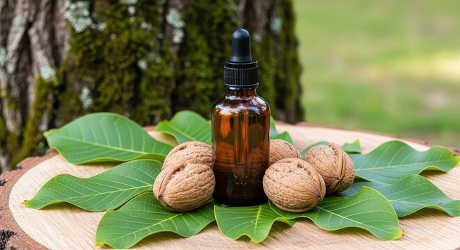 An amber glass bottle with a pipette dropper sits among green walnut leaves and fresh nuts on a rustic wooden surface near a tree trunk, botany, natural, supplement