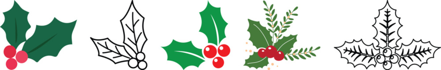 Naklejka premium Holly berry icons set, Chritmas logo wirh holly berries.Christmas holly berry flat vector illustration icons set ,Cartoon holly leaves and berries.A simple illustration of holly leaves and berries